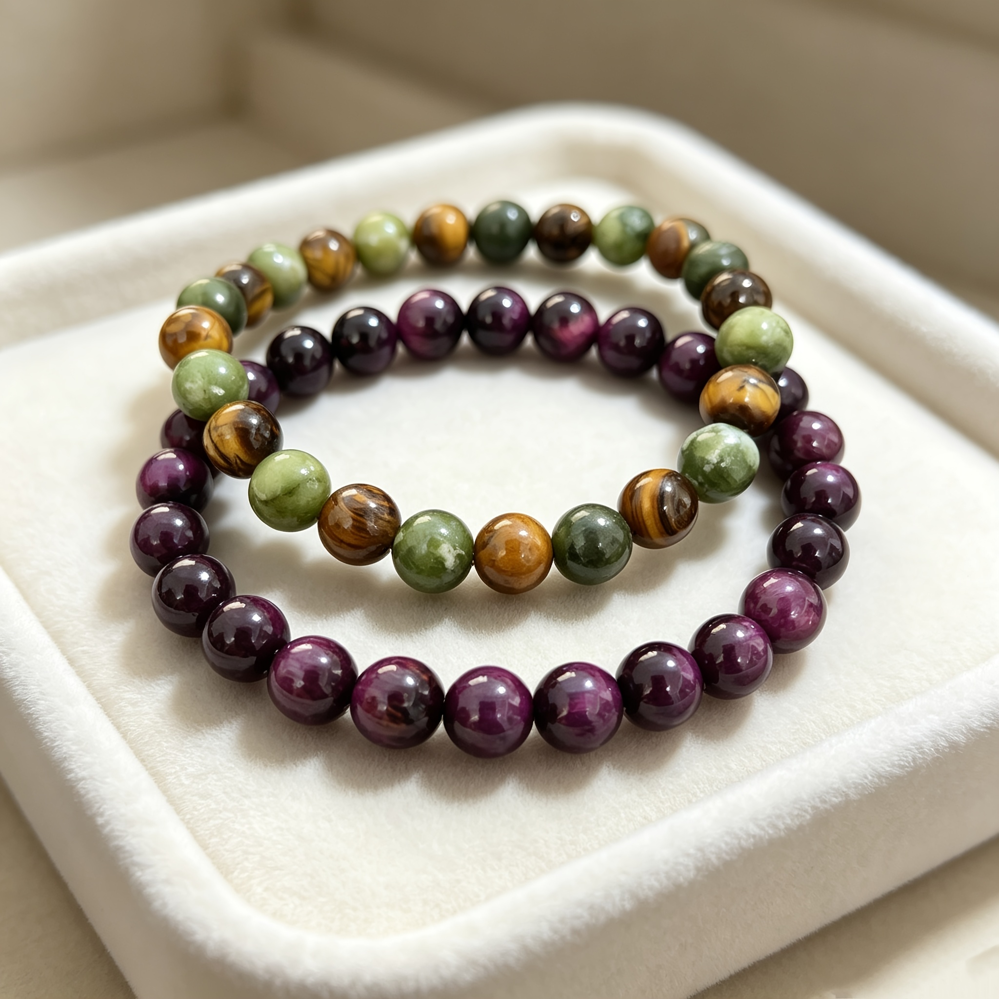 2pc Iridescent Natural Stone Bead Bracelet Set